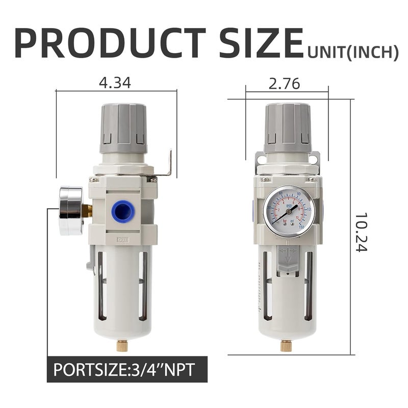 LNCHKA Air Compressor Water Separator Filter 3/4" NPT 0-150 PSI,Compressed Filter Regulator Combo,Poly Bowl,Semi-Auto Drain - Image 3